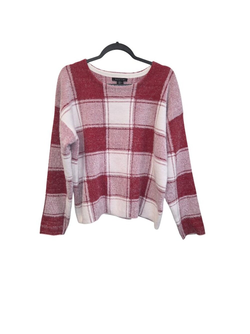 Tahari Womens XL Red White Plaid Pullover Sweater Crew Neck Long Sleeves 1754